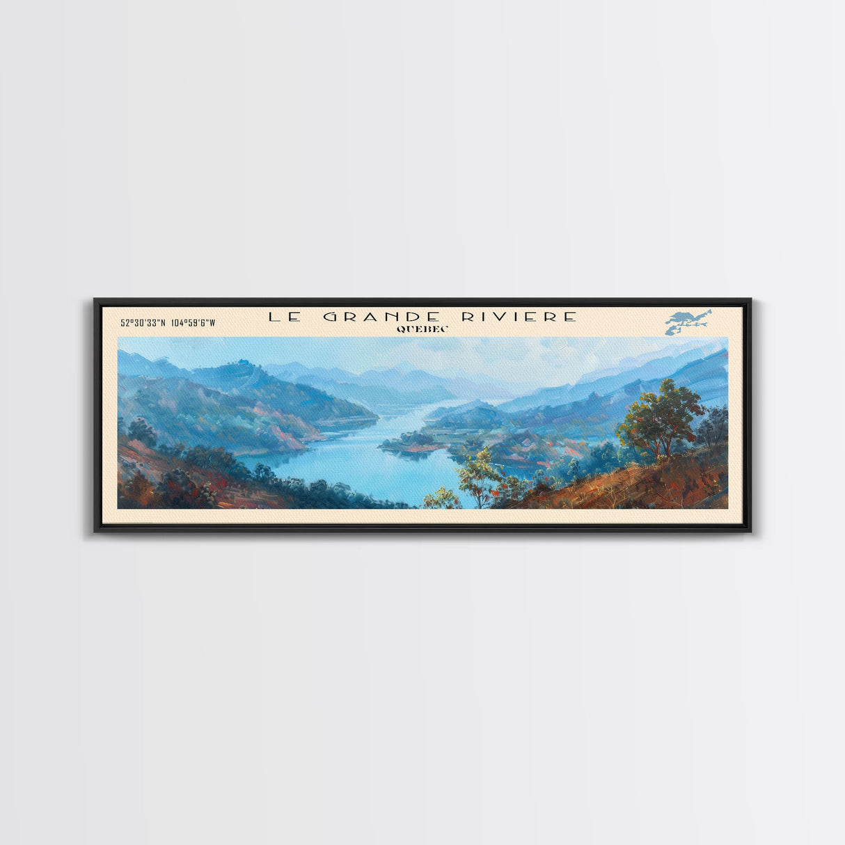 Le Grande Riviere Framed Canvas Print, Lake House Decor, Panoramic Wall Art, Travel Poster, Landscape Painting, Contemporary Art