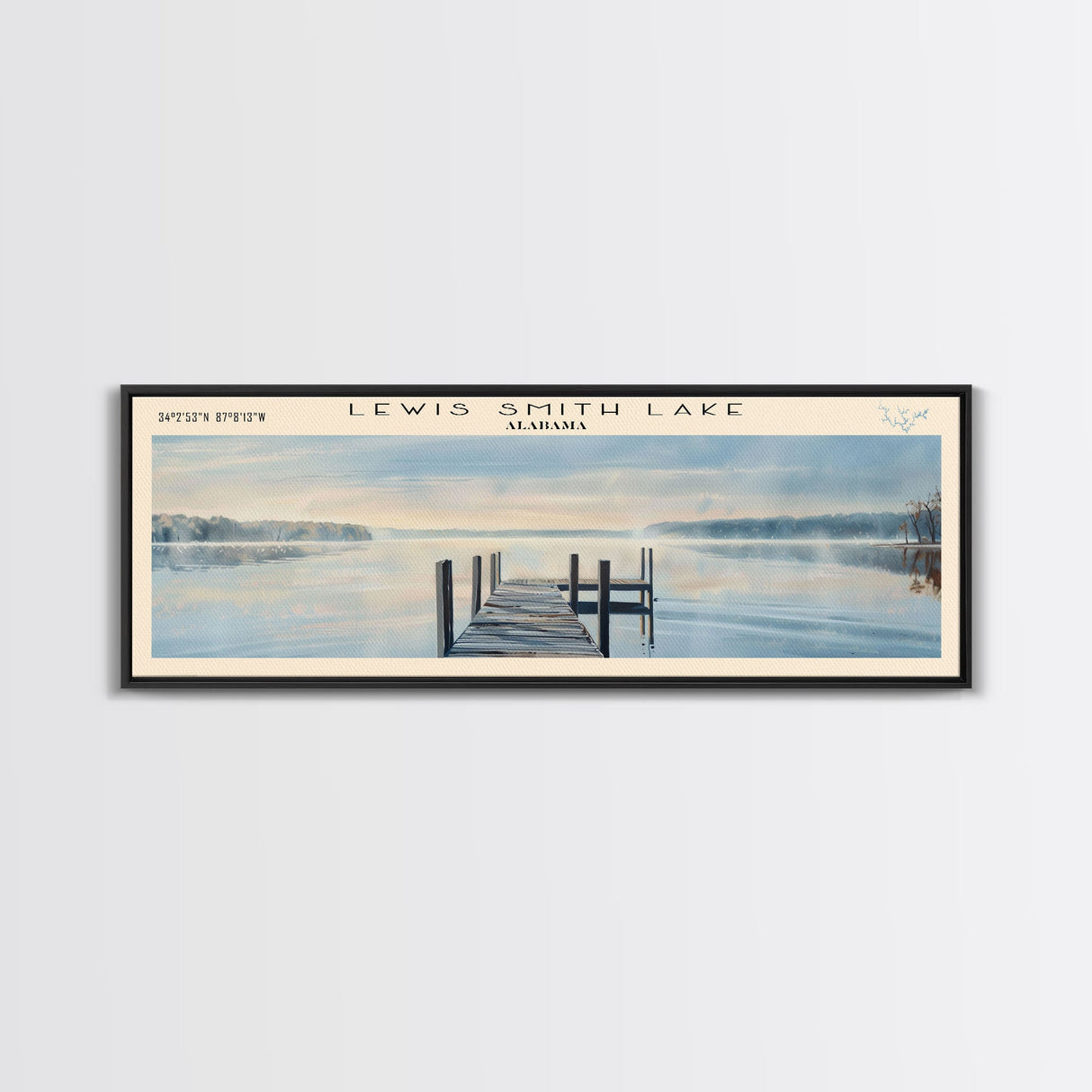 Lewis Smith Lake Alabama Framed Canvas Print, Lake House Decor, Panoramic Wall Art, Travel Poster, Landscape Painting, Modern Art