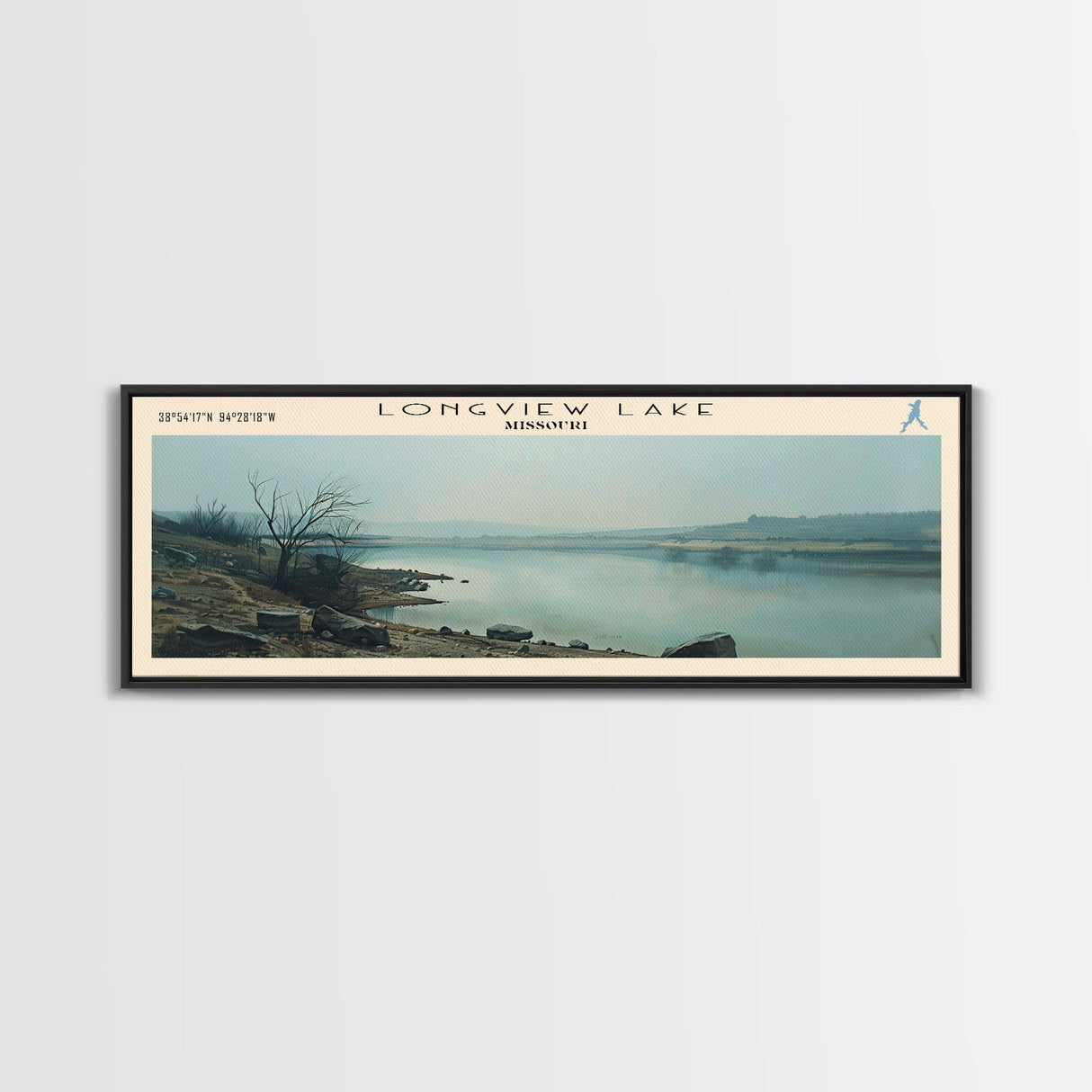 Longview Lake Missouri Framed Canvas Print, Lake House Decor, Panoramic Wall Art, Travel Poster, Beautiful Landscape Painting, Modern Art