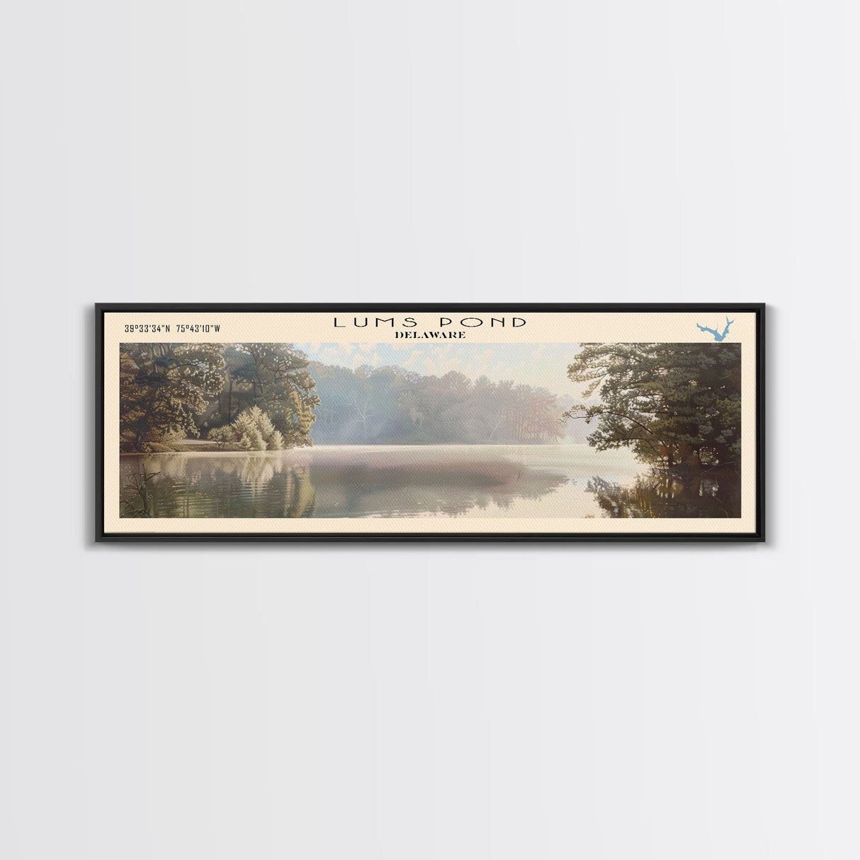 Lums Pond Delaware Framed Canvas Print, Lake House Decor, Panoramic Wall Art, Travel Poster, Scenic Landscape Painting, Contemporary Art