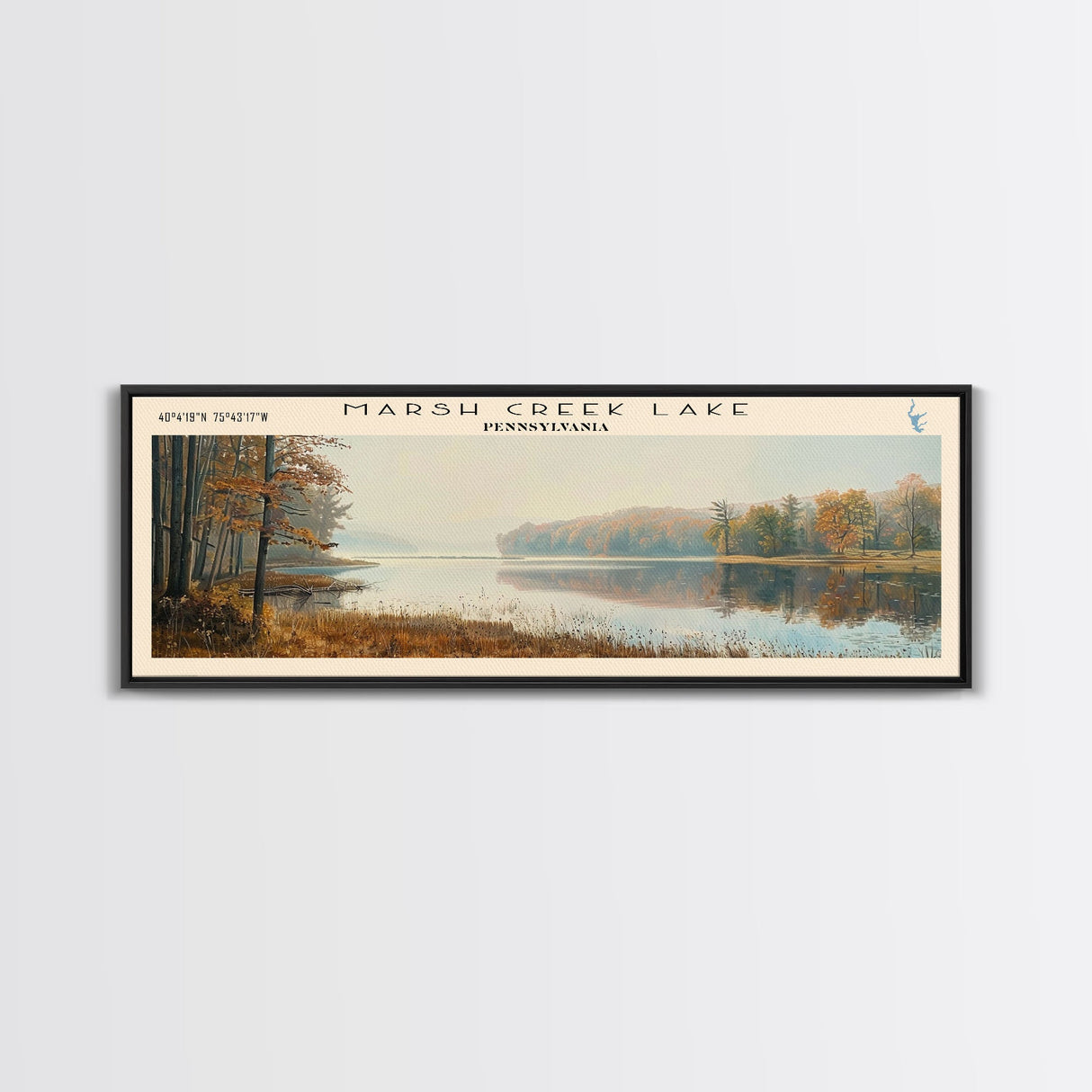 Marsh Creek Lake Pennsylvania Framed Canvas Print, Lake House Decor, Panoramic Wall Art, Travel Poster, Landscape Painting, Modern Art