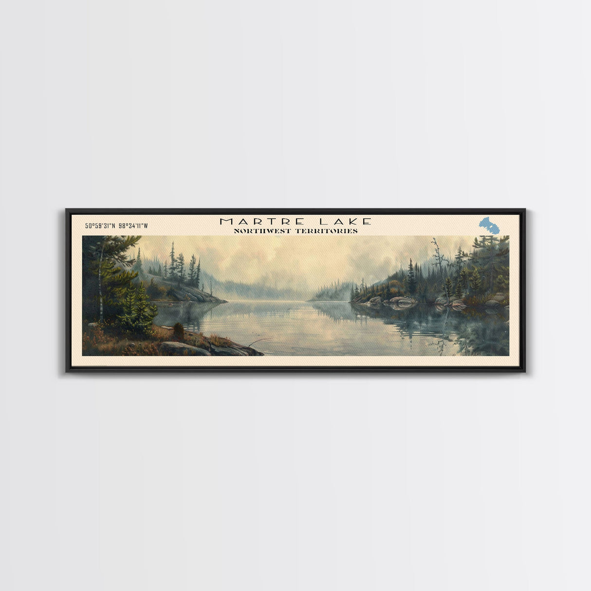 Martre Lake Framed Canvas Print, Lake House Decor, Panoramic Wall Art, Travel Poster, Landscape Painting, Bedroom Decor