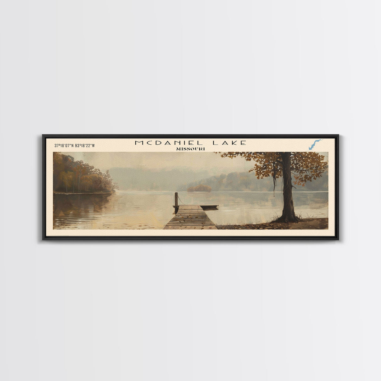 McDaniel Lake Missouri Framed Canvas Print, Lake House Decor, Panoramic Wall Art, Travel Poster, Scenic Landscape Painting, Contemporary Art