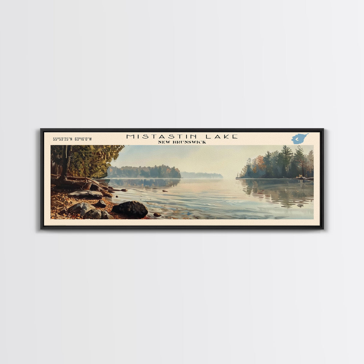 Mistastin Lake Framed Canvas Print, Lake House Decor, Panoramic Wall Art, Travel Poster, Landscape Painting, Modern Art