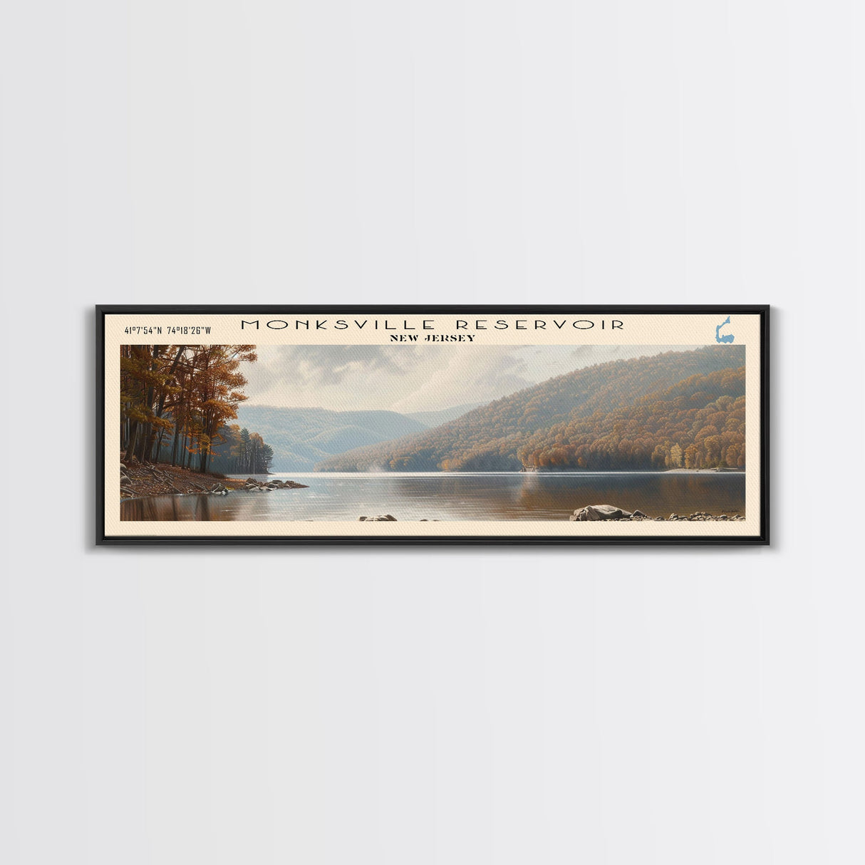 Monksville Reservoir New Jersey Framed Canvas Print, Lake House Decor, Panoramic Wall Art, Travel Poster, Landscape Painting, Bedroom Decor