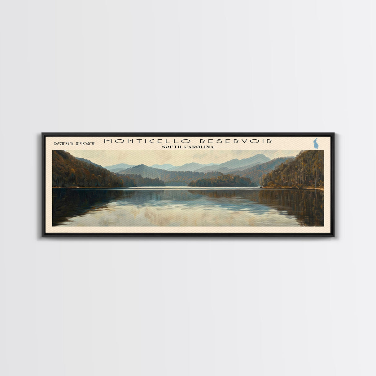 Monticello Reservoir South Carolina Framed Canvas Print, Lake House Decor, Panoramic Wall Art, Travel Poster, Scenic Landscape Painting, Contemporary Art