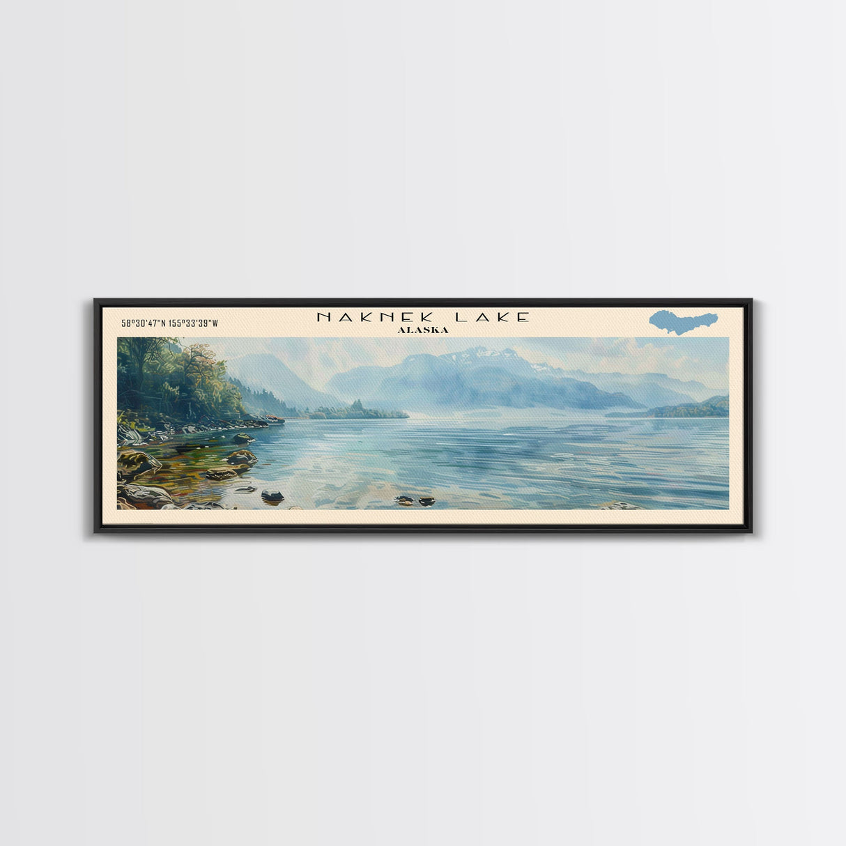 Nunavaugaluk Lake Framed Canvas Print, Lake House Decor, Panoramic Wall Art, Travel Poster, Landscape Painting, Bedroom Decor