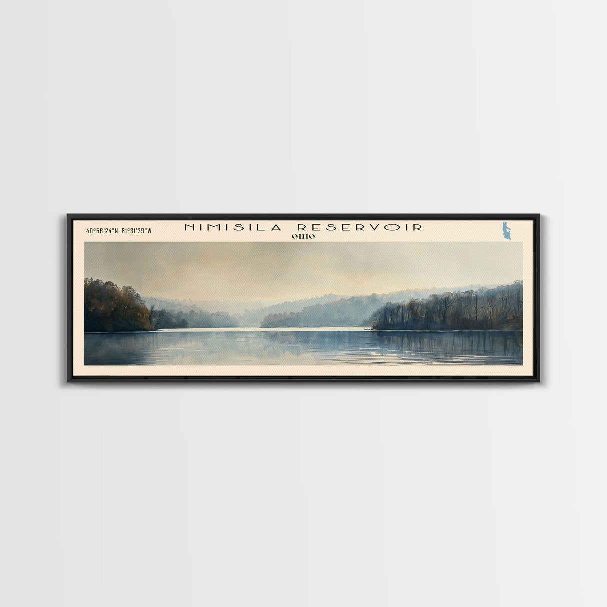 Nimisila Reservoir Ohio Framed Canvas Print, Lake House Decor, Panoramic Wall Art, Travel Poster, Beautiful Landscape Painting, Living Room Decor