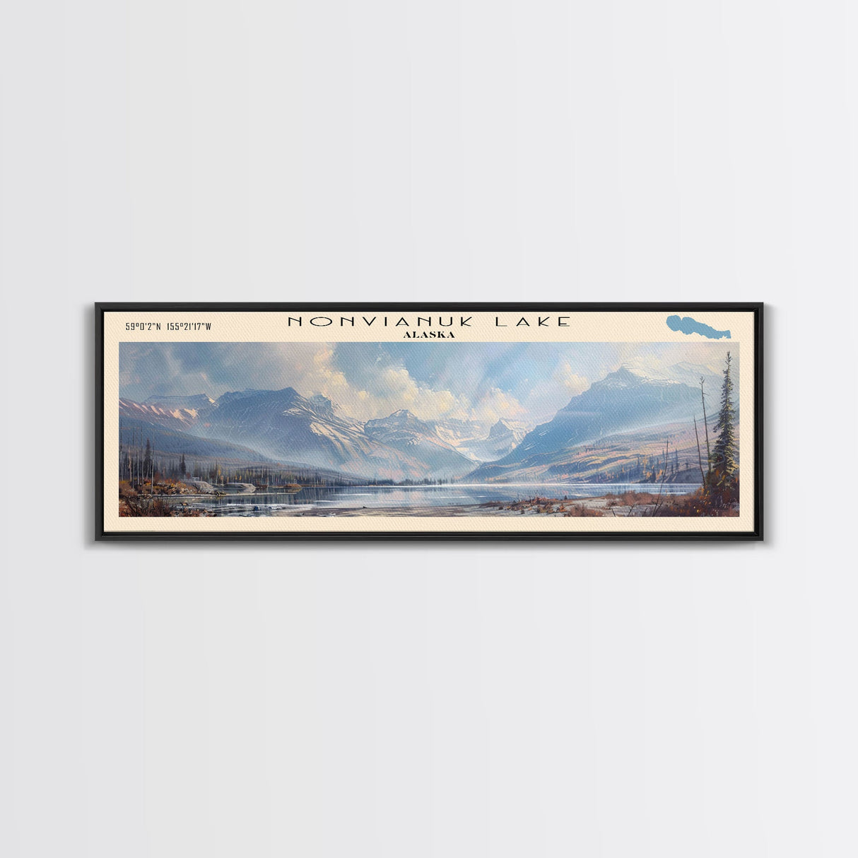 Nonvianuk Lake Framed Canvas Print, Lake House Decor, Panoramic Wall Art, Travel Poster, Scenic Landscape Painting, Contemporary Art