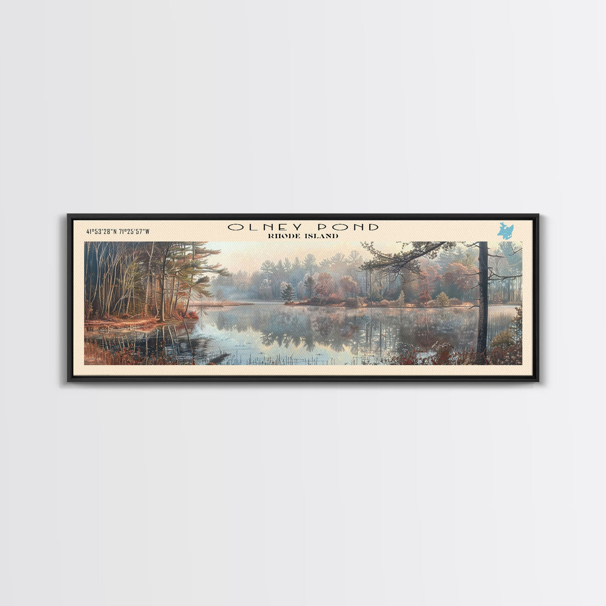 Olney Pond Rhode Island Framed Canvas Print, Lake House Decor, Panoramic Wall Art, Travel Poster, Landscape Painting, Bedroom Decor