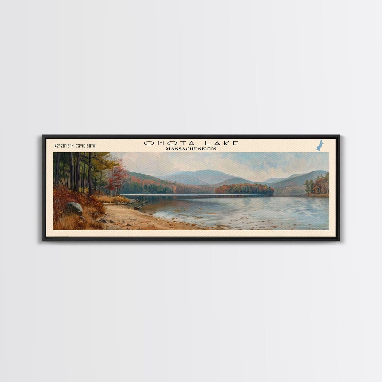 Onota Lake Massachusetts Framed Canvas Print, Lake House Decor, Panoramic Wall Art, Travel Poster, Landscape Painting, Modern Art