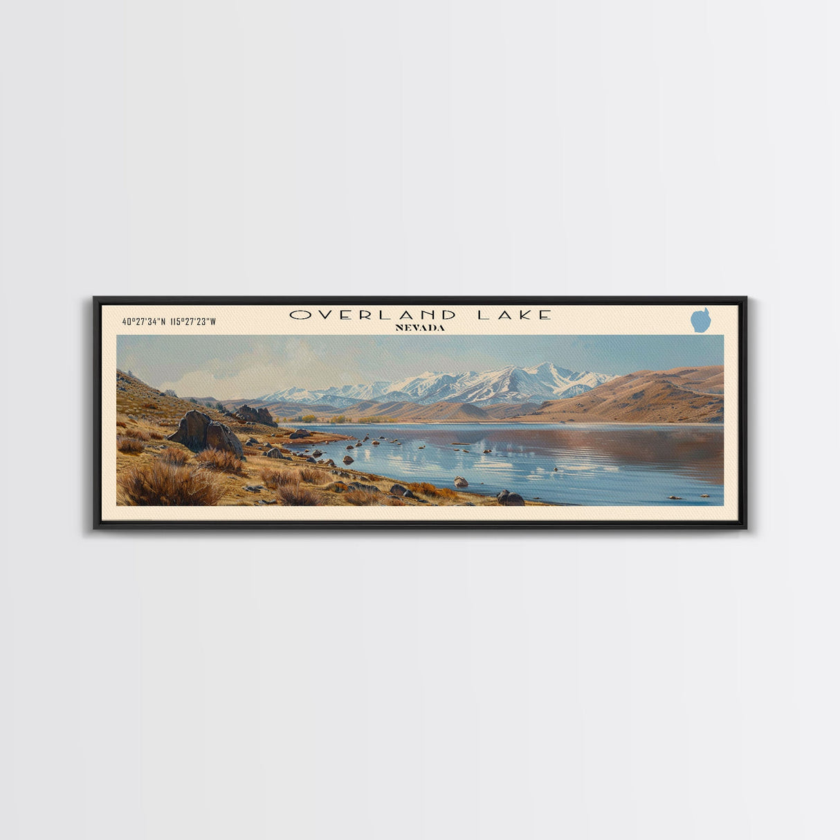 Overland Lake Nevada Framed Canvas Print, Lake House Decor, Panoramic Travel Poster, Scenic Landscape Painting, Living Room Decor