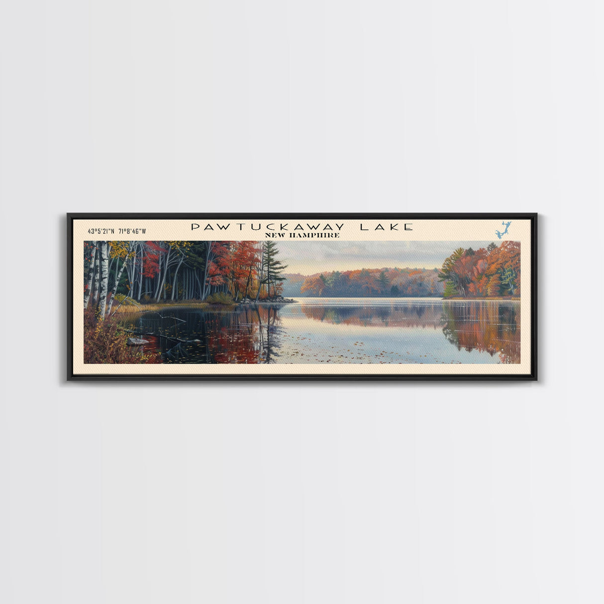 Pawtuckaway Lake New Hampshire Framed Canvas Print, Lake House Decor, Panoramic Wall Art, Travel Poster, Beautiful Landscape Painting, Living Room Decor