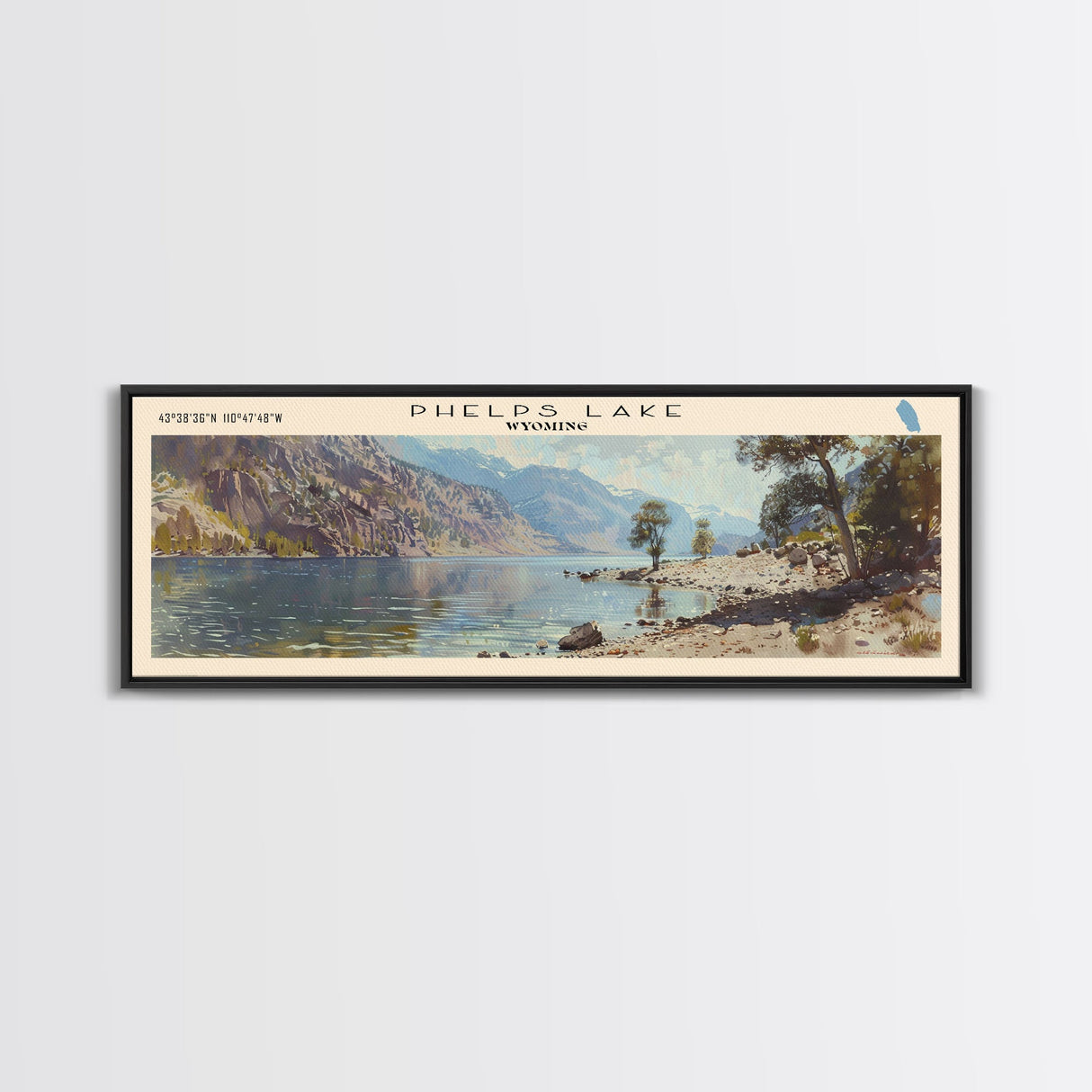 Phelps Lake Wyoming Framed Canvas Print, Lake House Decor, Panoramic Wall Art, Travel Poster, Beautiful Landscape Painting, Bedroom Decor