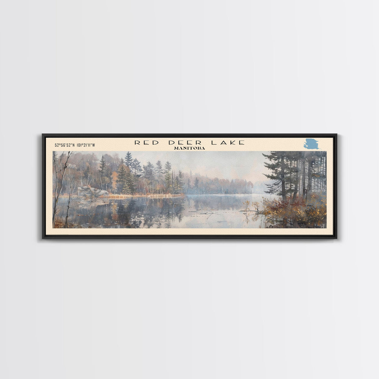 Red Deer Lake Framed Canvas Print, Lake House Decor, Panoramic Wall Art, Travel Poster, Beautiful Landscape Painting, Contemporary Art