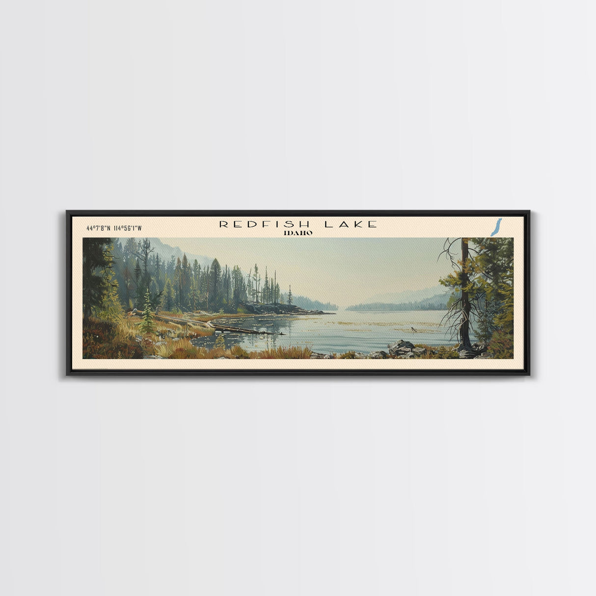 Redfish Lake Idaho Framed Canvas Print, Lake House Decor, Panoramic Wall Art, Travel Poster, Beautiful Landscape Painting, Living Room Decor