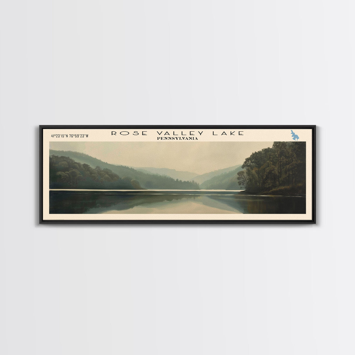 Rose Valley Lake Pennsylvania Framed Canvas Print, Lake House Decor, Panoramic Wall Art, Travel Poster, Beautiful Landscape Painting, Contemporary Art