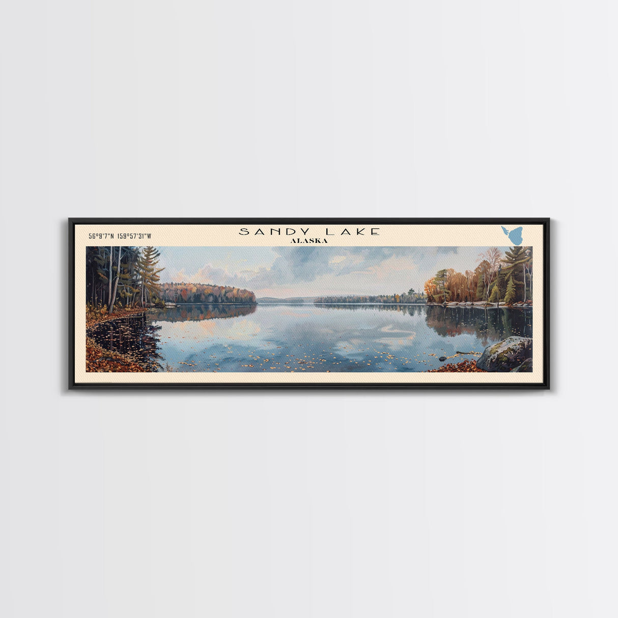 Sandy Lake Framed Canvas Print, Lake House Decor, Panoramic Wall Art, Travel Poster, Serene Landscape Painting, Bedroom Decor