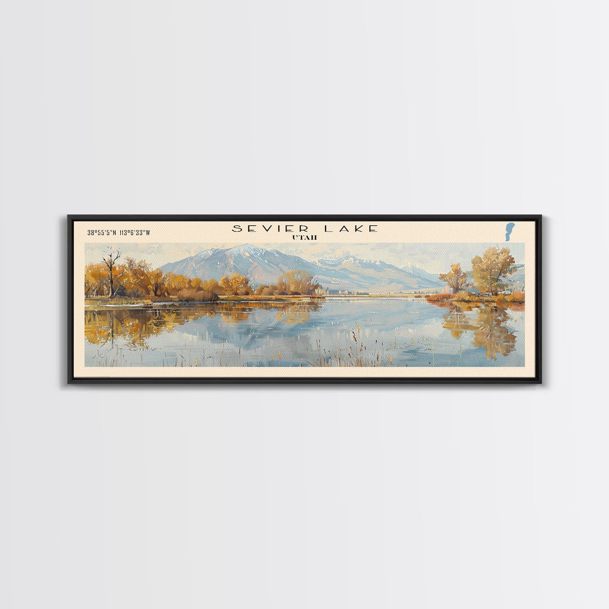 Sevier Lake Utah Panoramic Framed Canvas Print, Lake House Decor, Wall Art, Travel Poster, Tranquil Landscape, Modern Art