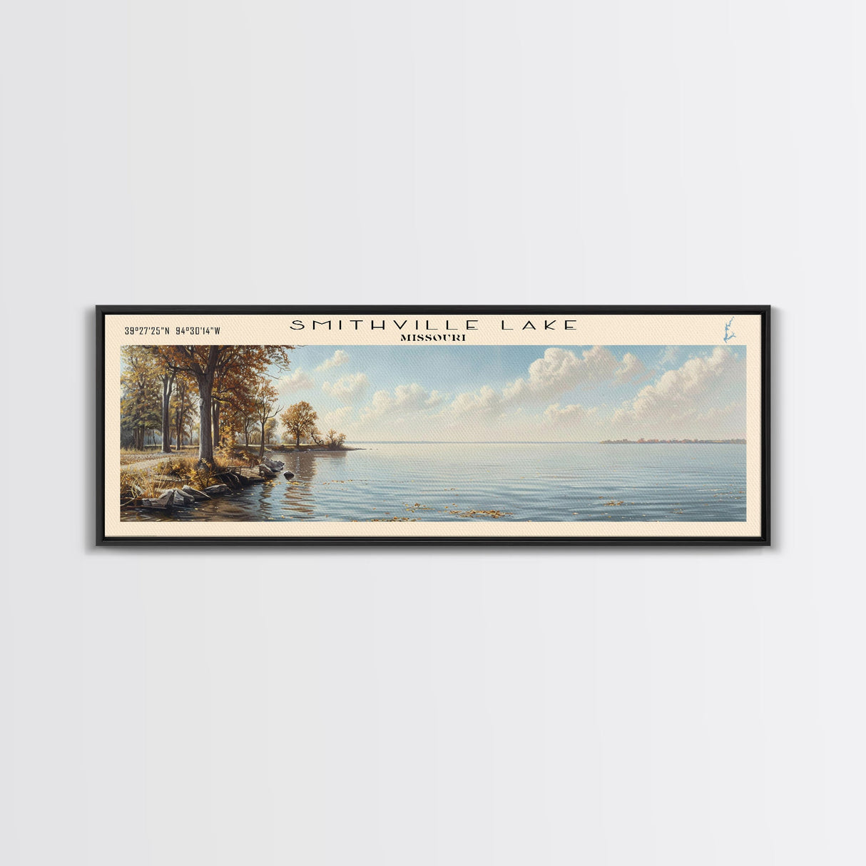 Smithville Lake Missouri Panoramic Framed Canvas Print, Lake House Decor, Wall Art, Travel Poster, Serene Lake Painting, Living Room Decor