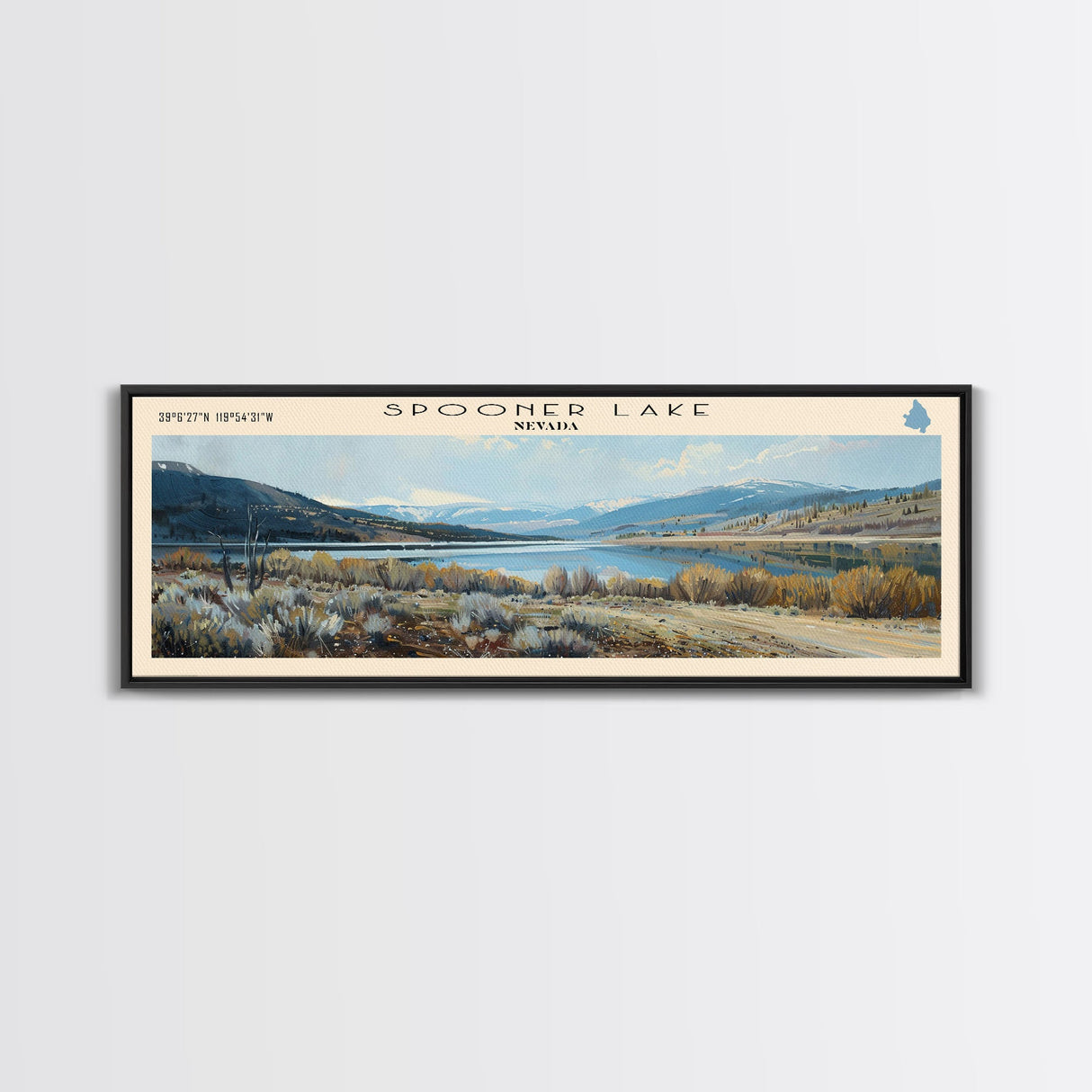 Spooner Lake Nevada Panoramic Framed Canvas Print, Lake House Decor, Wall Art, Travel Poster, Serene Lake Painting, Modern Art