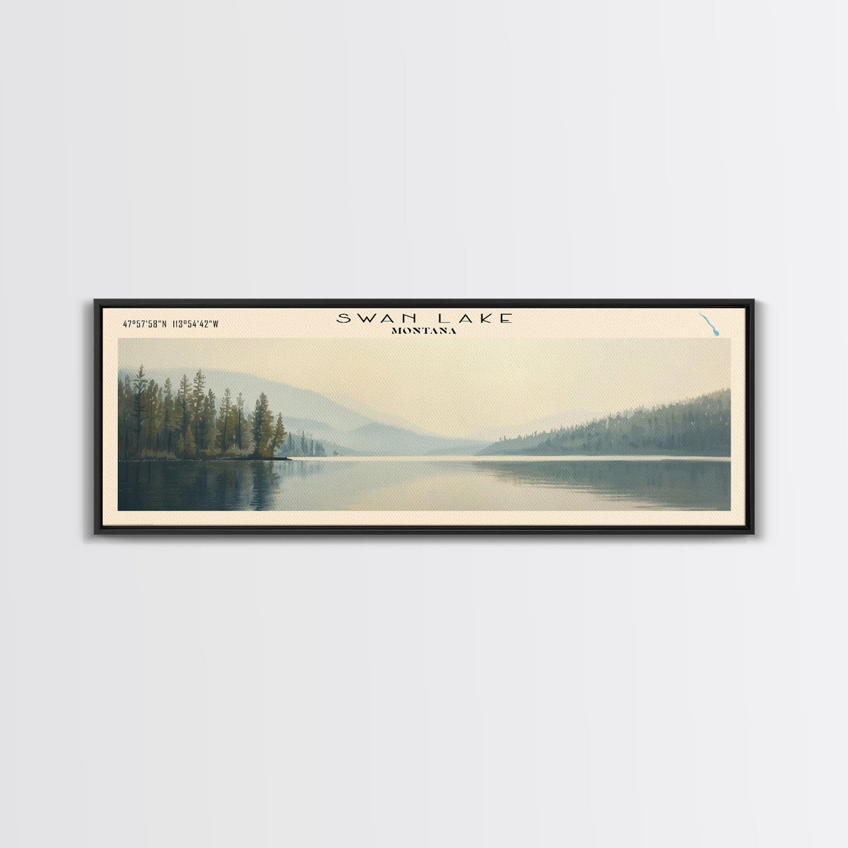 Swan Lake Montana Panoramic Wall Art, Framed Canvas Print, Lake House Decor, Travel Poster, Beautiful Landscape, Bedroom Decor