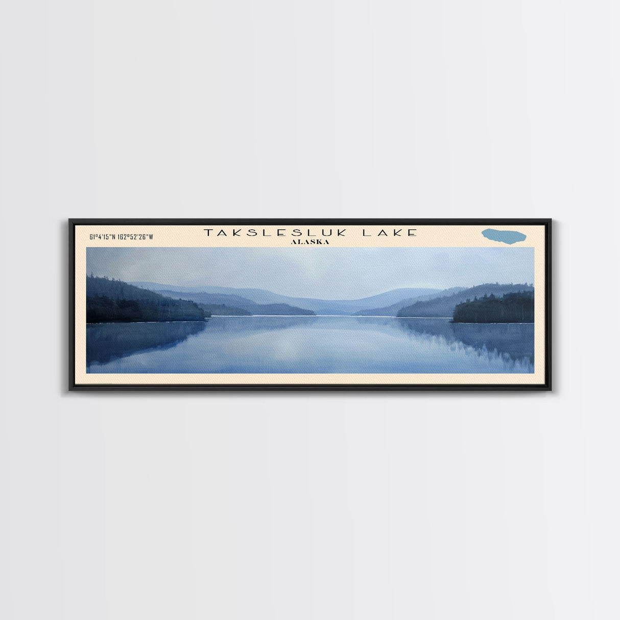 Takslesluk Lake Panoramic Wall Art, Framed Canvas Print, Lake House Decor, Travel Poster, Serene Lake Scene, Living Room Decor