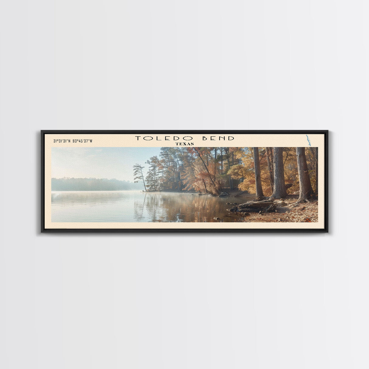 Toledo Bend Panoramic Wall Art, Framed Canvas Print, Lake House Decor, Travel Poster, Serene Landscape, Living Room Art