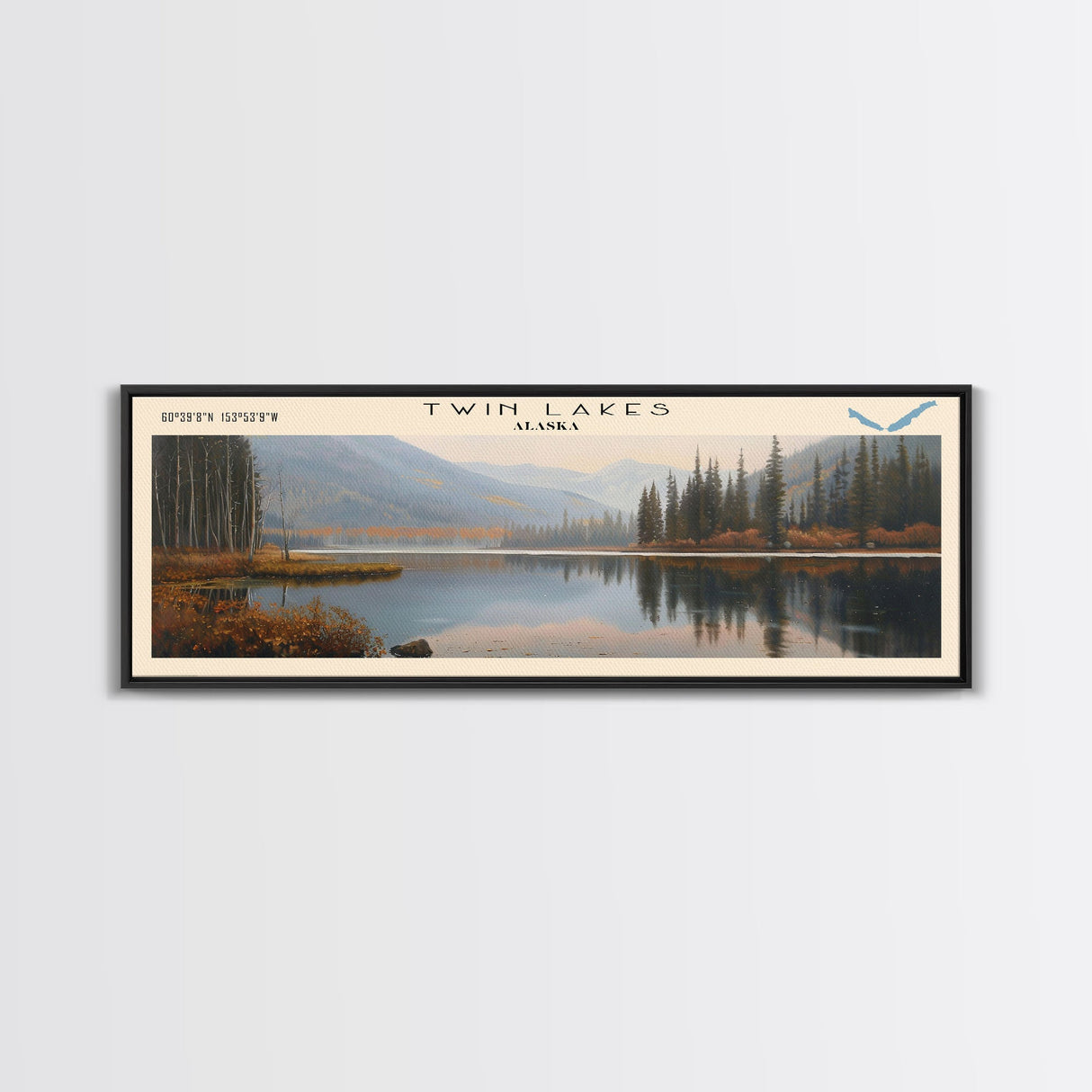 Twin Lakes Panoramic Wall Art, Framed Canvas Print, Lake House Decor, Travel Poster, Scenic Lake Scene, Living Room Art