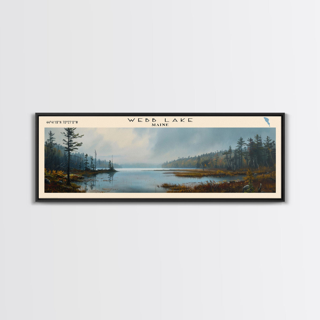 Webb Lake Maine Panoramic Wall Art, Framed Canvas Print, Lake House Decor, Travel Poster, Beautiful Lake Scene, Bedroom Decor