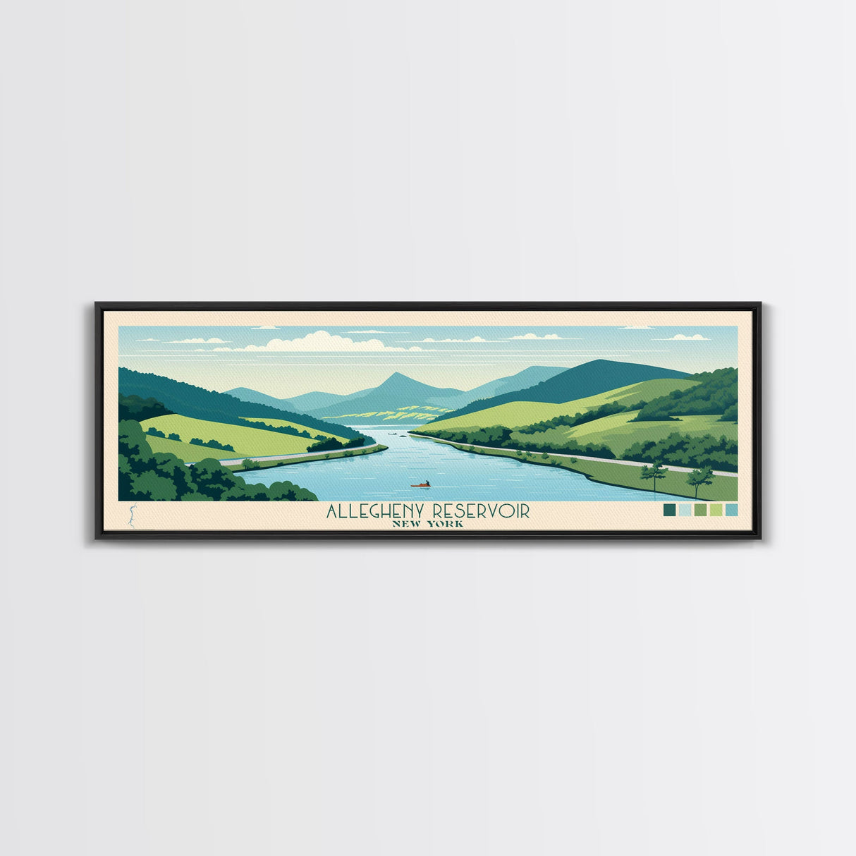 Allegheny Reservoir New York Framed Canvas Print, Panoramic Travel Poster, Pop Art, Midcentury Modern Wall Art, Lake House Art