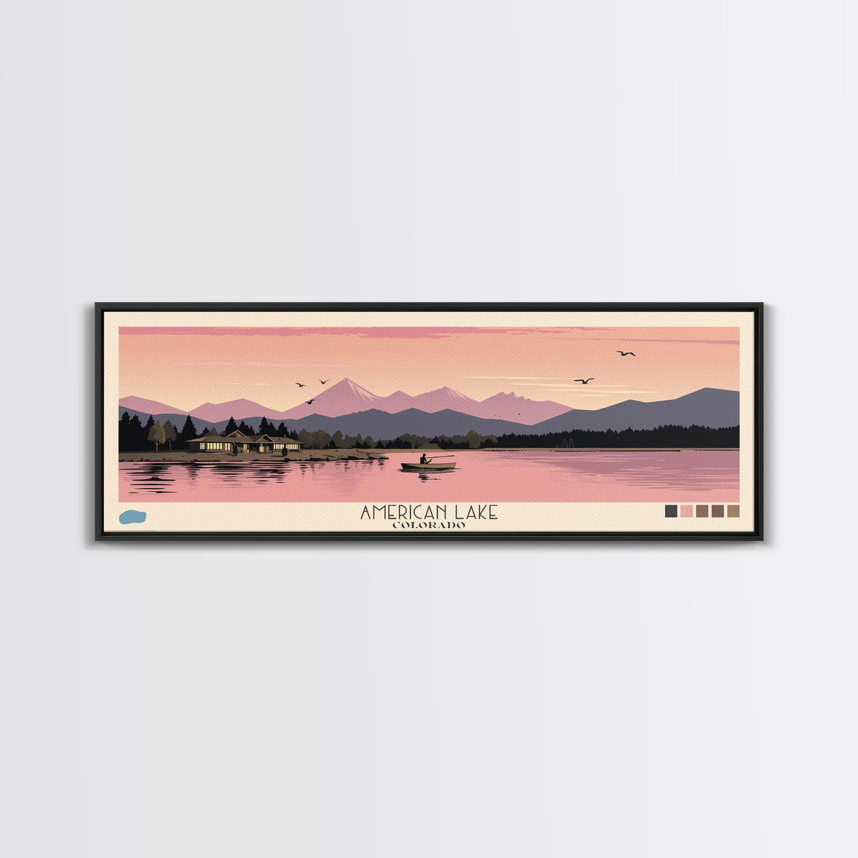 American Lake Colorado Framed Canvas Print, Panoramic Travel Poster, Pop Art, Midcentury Modern Wall Art, Scenic Bedroom Art