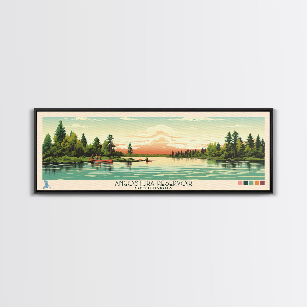 Angostura Reservoir South Dakota Framed Canvas Print, Panoramic Wall Art, Midcentury Modern, Pop Art, Travel Poster, Scenic Bedroom Art