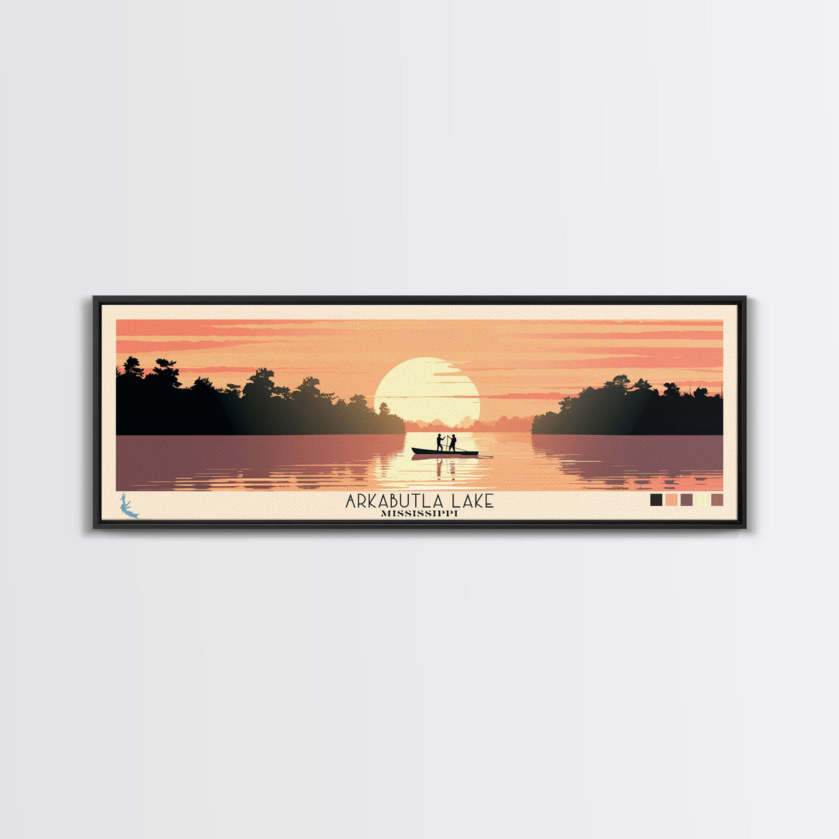 Arkabutla Lake Mississippi Framed Canvas Print, Panoramic Wall Art, Midcentury Modern, Pop Art, Travel Poster, Scenic Lake House Art