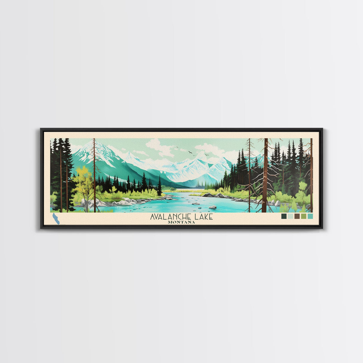 Avalanche Lake Montana Framed Canvas Print, Panoramic Wall Art, Midcentury Modern, Pop Art, Travel Poster, Scenic Living Room Art