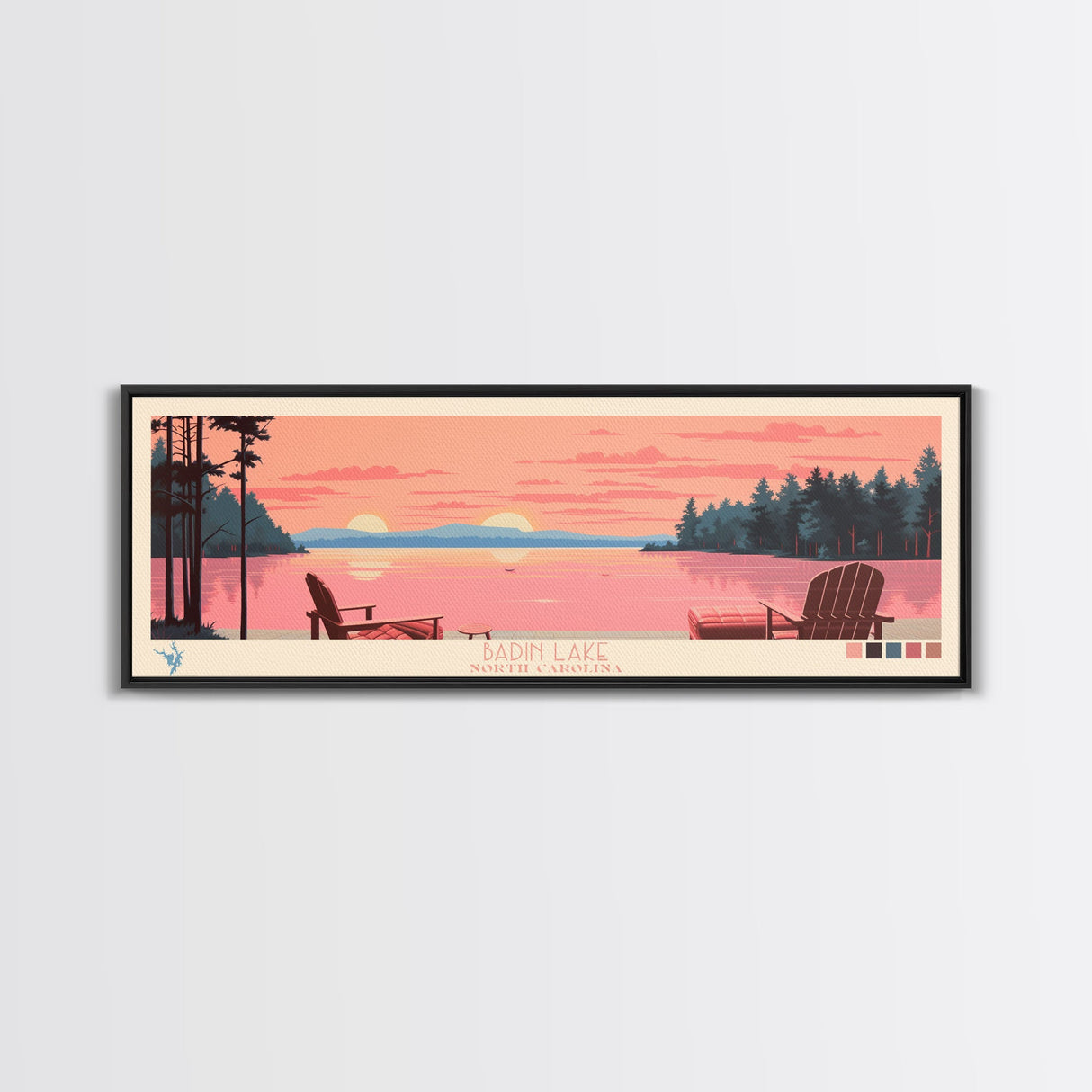 Badin Lake North Carolina Framed Canvas Print, Panoramic Wall Art, Midcentury Modern, Pop Art, Travel Poster, Scenic Bedroom Art