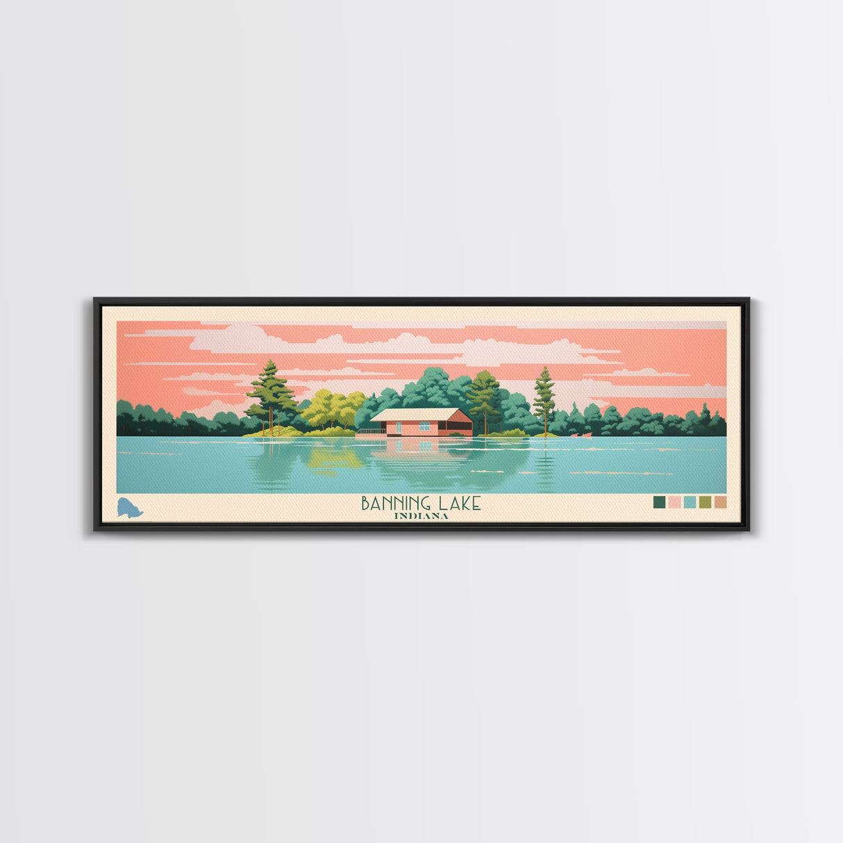 Banning Lake Indiana Framed Canvas Print, Panoramic Travel Poster, Midcentury Modern Wall Art, Pop Art, Bedroom Decor