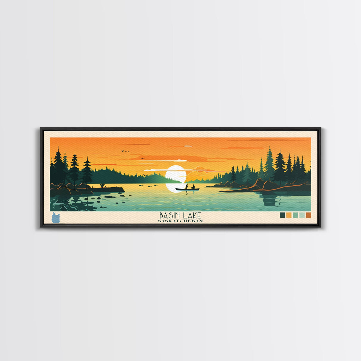 Basin Lake Saskatchewan Framed Canvas Print, Panoramic Wall Art, Midcentury Modern Lake House Decor, Pop Art, Travel Poster, Scenic Living Room Art