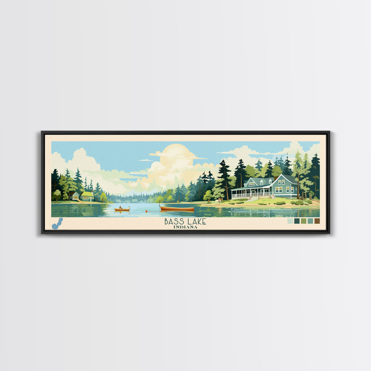 Bass Lake Indiana Framed Canvas Print, Panoramic Travel Poster, Midcentury Modern Wall Art, Pop Art, Nature Bedroom Decor, Lake House Art, Scenic Lake House