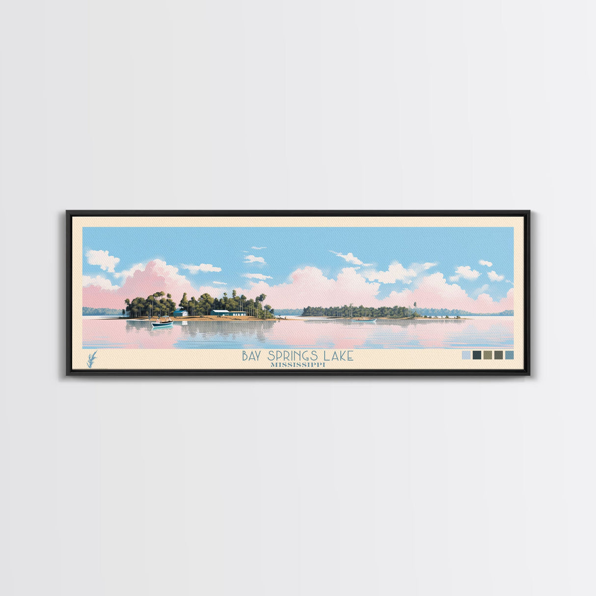 Bay Springs Lake Mississippi Framed Canvas Print, Panoramic Wall Art, Midcentury Modern, Pop Art, Travel Poster, Scenic Living Room Decor, Bedroom Art