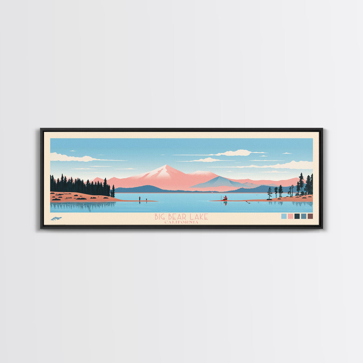 Big Bear Lake California Framed Canvas Print, Panoramic Wall Art, Midcentury Modern, Pop Art, Travel Poster, Scenic Bedroom Art, Living Room Decor