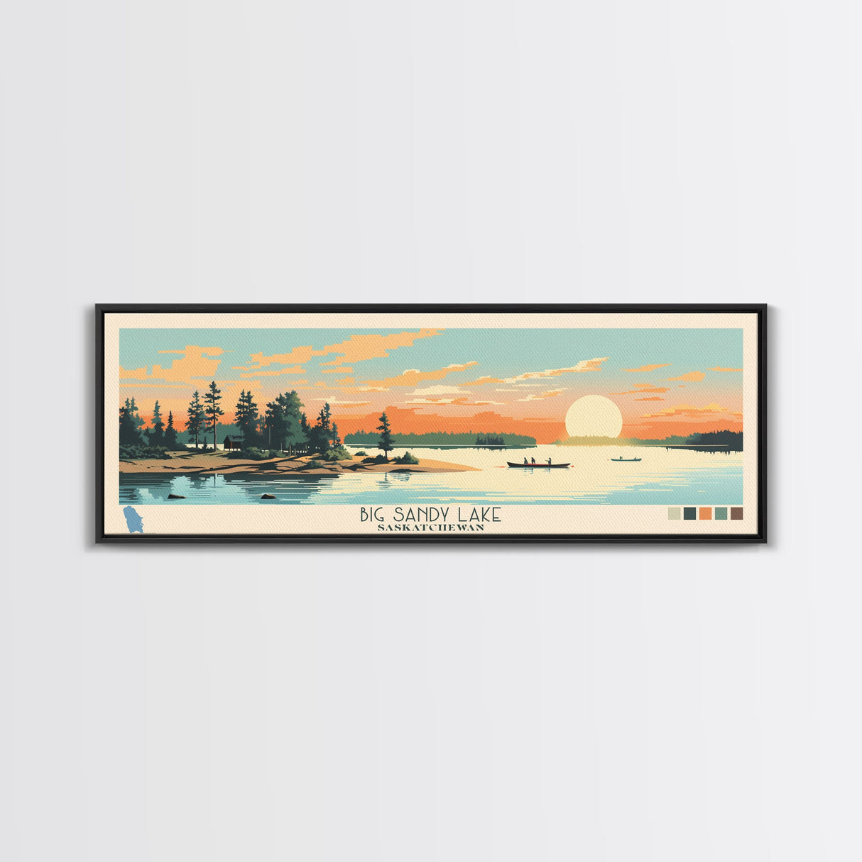 Big Sandy Lake Saskatchewan Framed Canvas Print, Panoramic Travel Poster, Midcentury Modern Wall Art, Pop Art, Lake House Decor, Nature Art