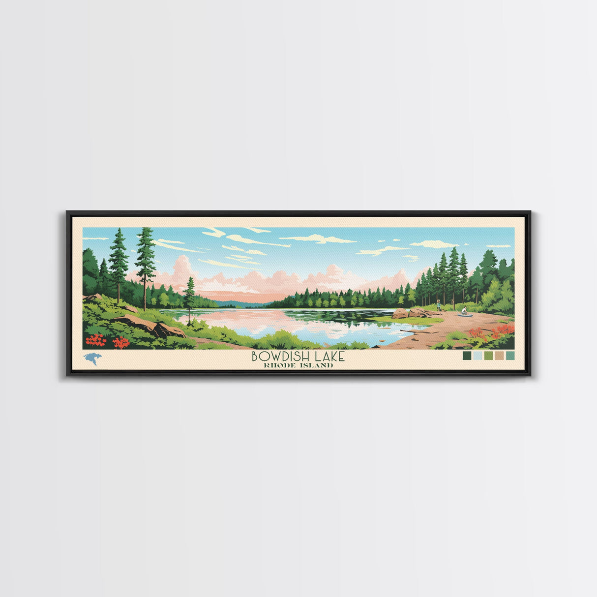 Bowdish Lake Rhode Island Framed Canvas Print, Panoramic Travel Poster, Midcentury Modern Wall Art, Pop Art, Nature Bedroom Decor, Scenic Lake House Art