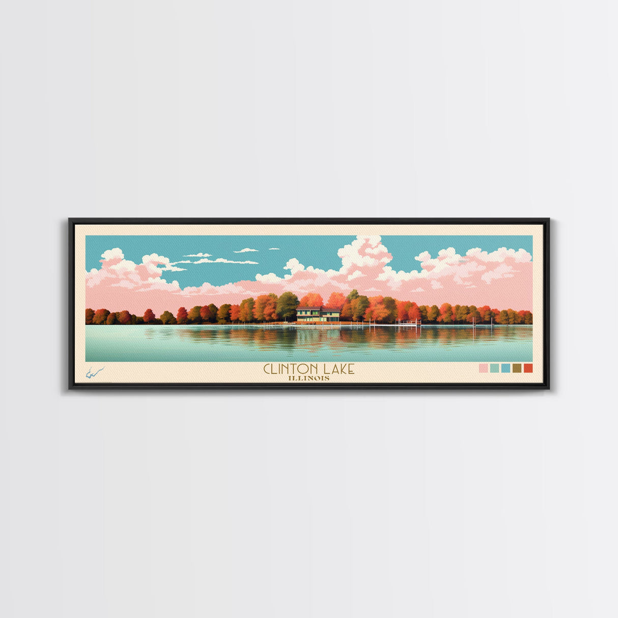 Clinton Lake Illinois Framed Canvas Print, Midcentury Modern Panoramic Wall Art, Living Room Decor, Pop Art, Travel Poster Art, Scenic Nature Painting, Lake House Decor