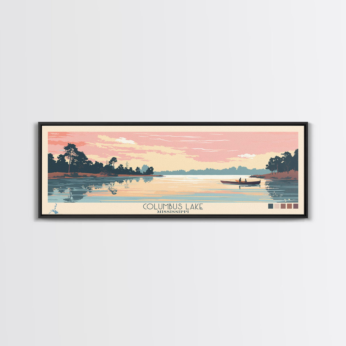 Columbus Lake Mississippi Framed Canvas Print, Midcentury Modern Panoramic Wall Art, Living Room Decor, Pop Art, Travel Poster Art, Scenic Nature Painting