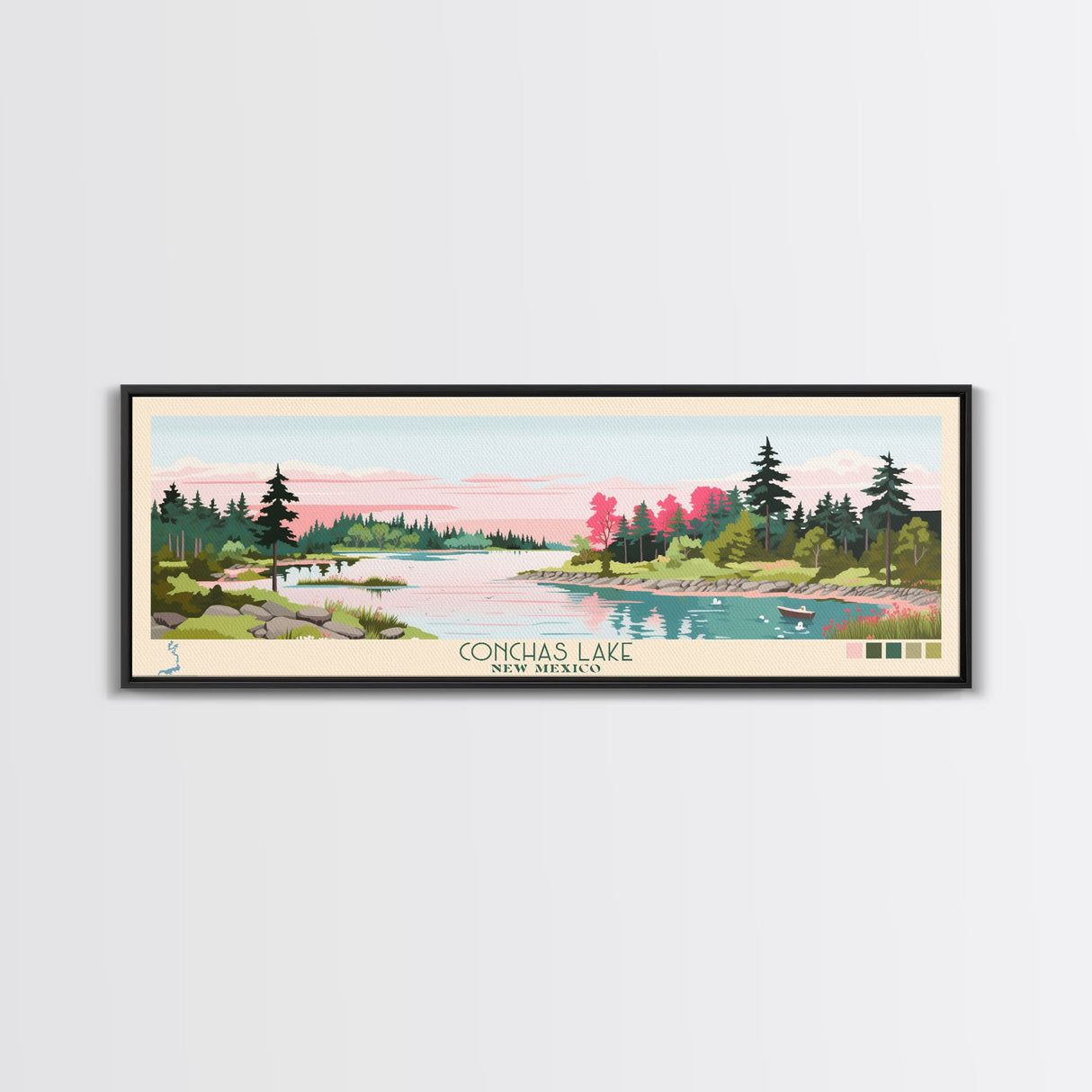 Conchas Lake New Mexico Framed Canvas Print, Midcentury Modern Panoramic Wall Art, Living Room Decor, Pop Art, Travel Poster Art, Scenic Nature Painting, Lake House Decor