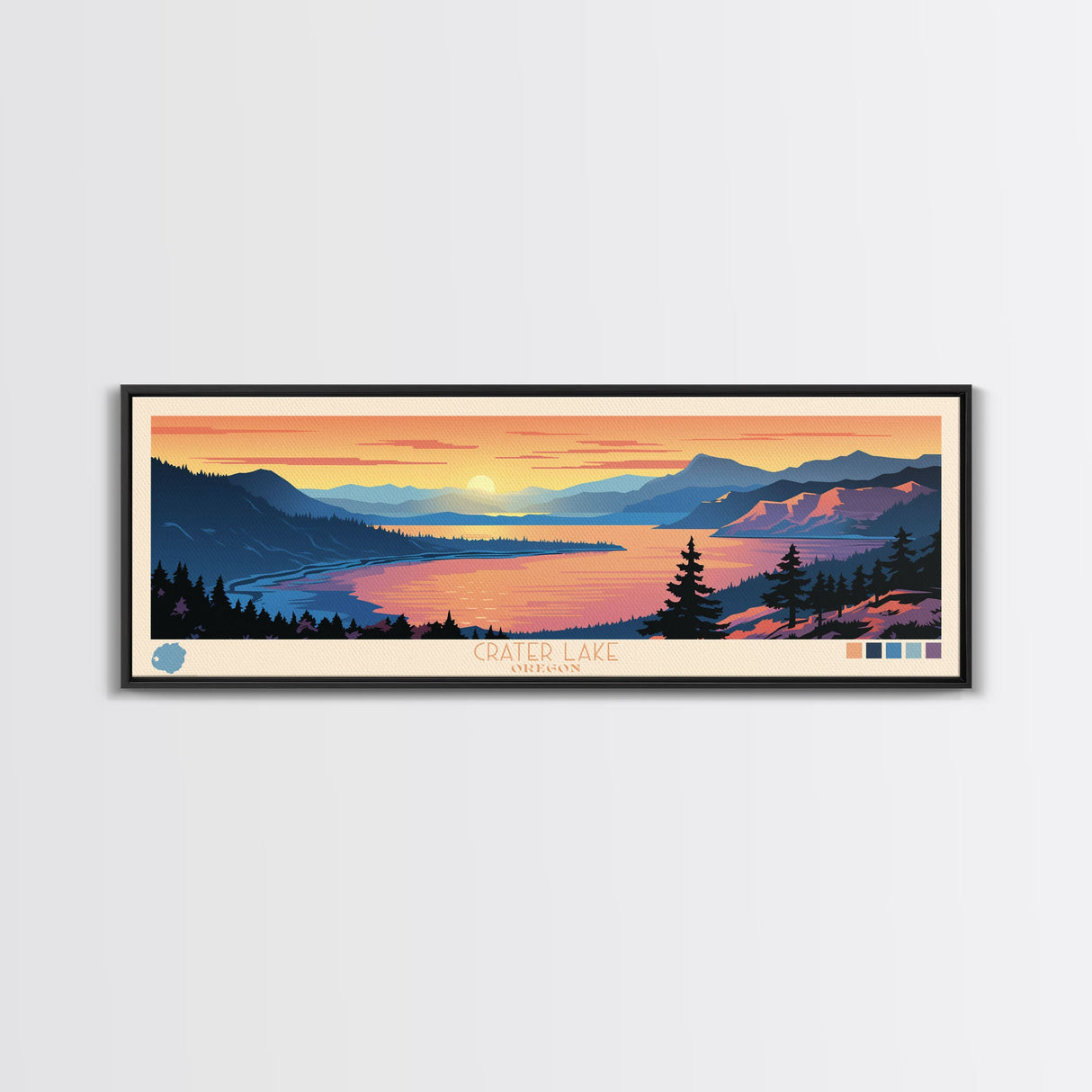 Crater Lake Oregon Framed Canvas Print, Pop Art Panoramic Travel Poster, Midcentury Modern, Wall Art, Scenic Nature Painting, Bedroom Decor, Living Room Art