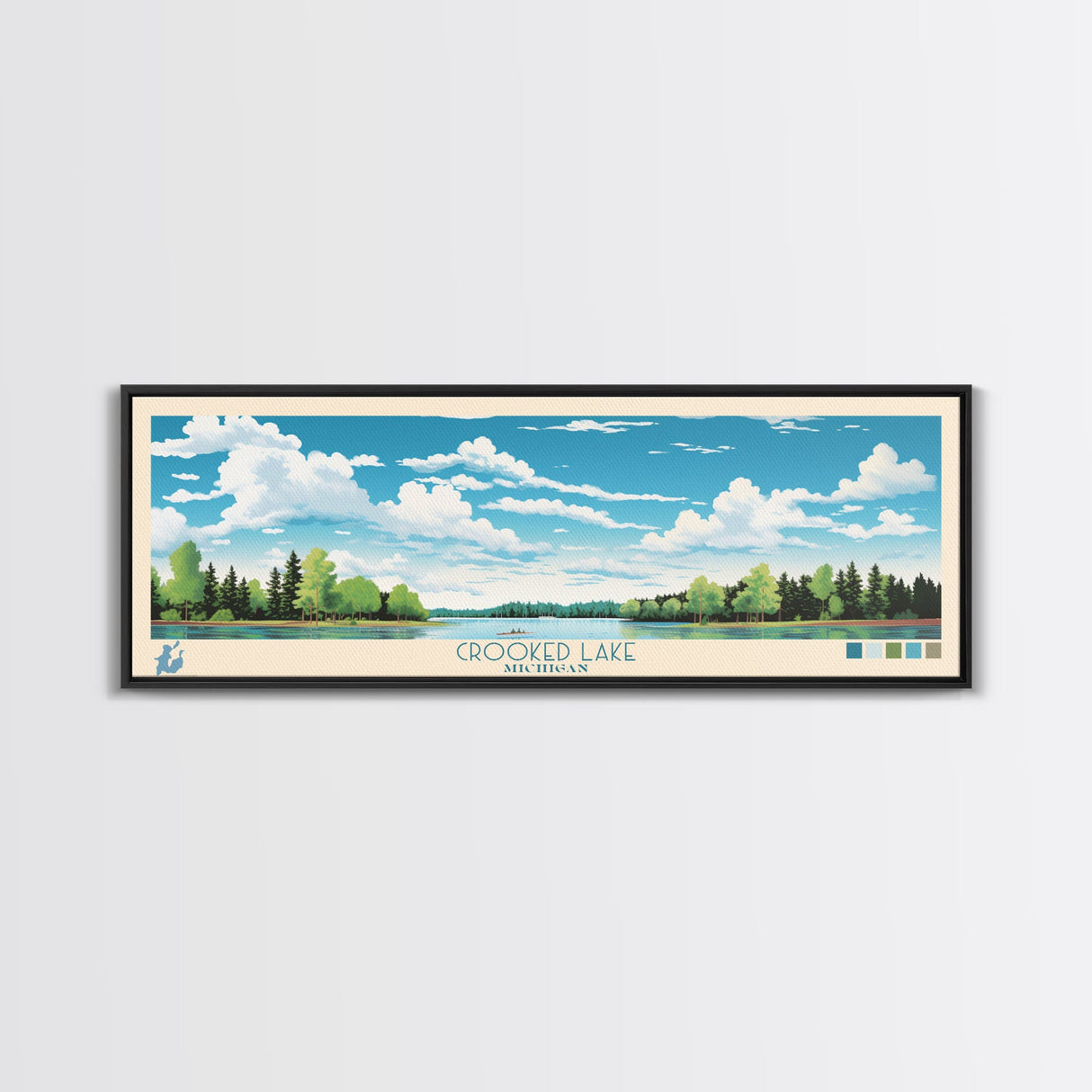 Crooked Lake Michigan Framed Canvas Print, Pop Art Panoramic Travel Poster, Midcentury Modern, Wall Art, Scenic Nature Painting, Bedroom Decor, Living Room Art