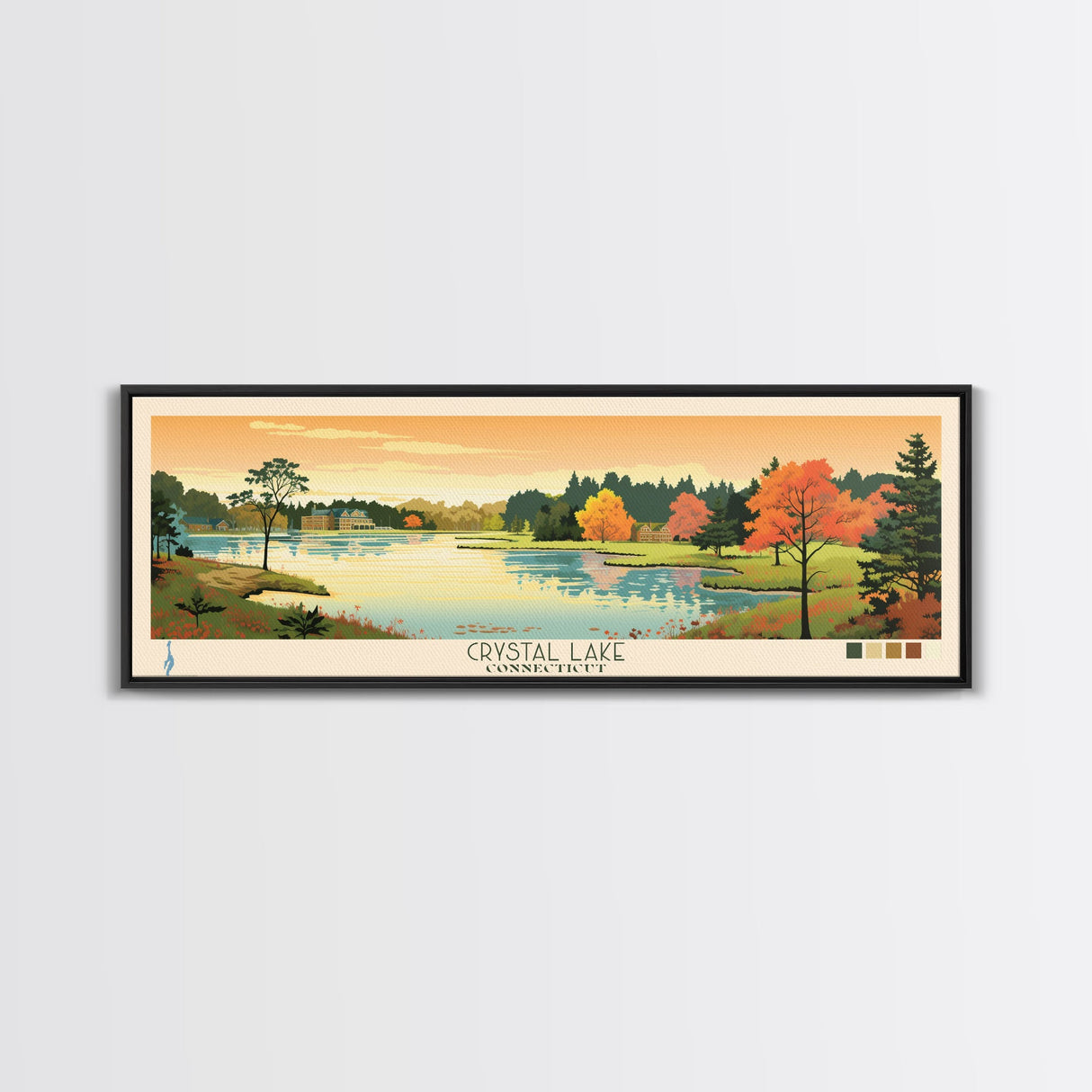 Crystal Lake Connecticut Framed Canvas Print, Pop Art Panoramic Travel Poster, Midcentury Modern, Wall Art, Scenic Nature Painting, Bedroom Decor, Living Room Art