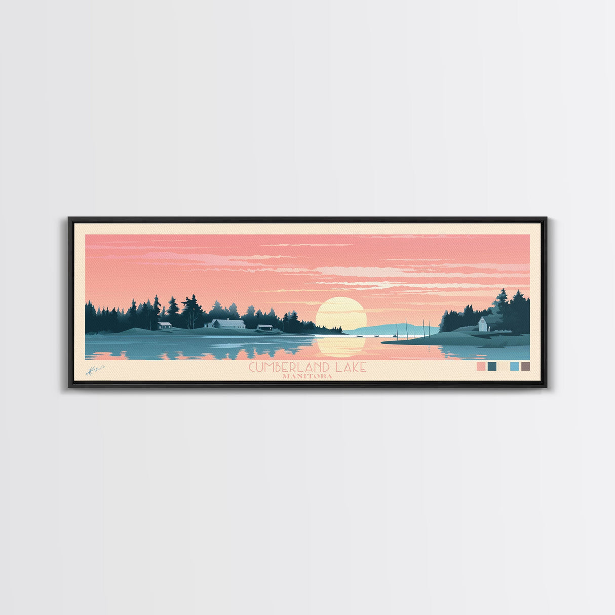 Cumberland Lake Manitoba Framed Canvas Print, Midcentury Modern Panoramic Wall Art, Living Room Decor, Pop Art, Travel Poster Art, Scenic Nature Painting